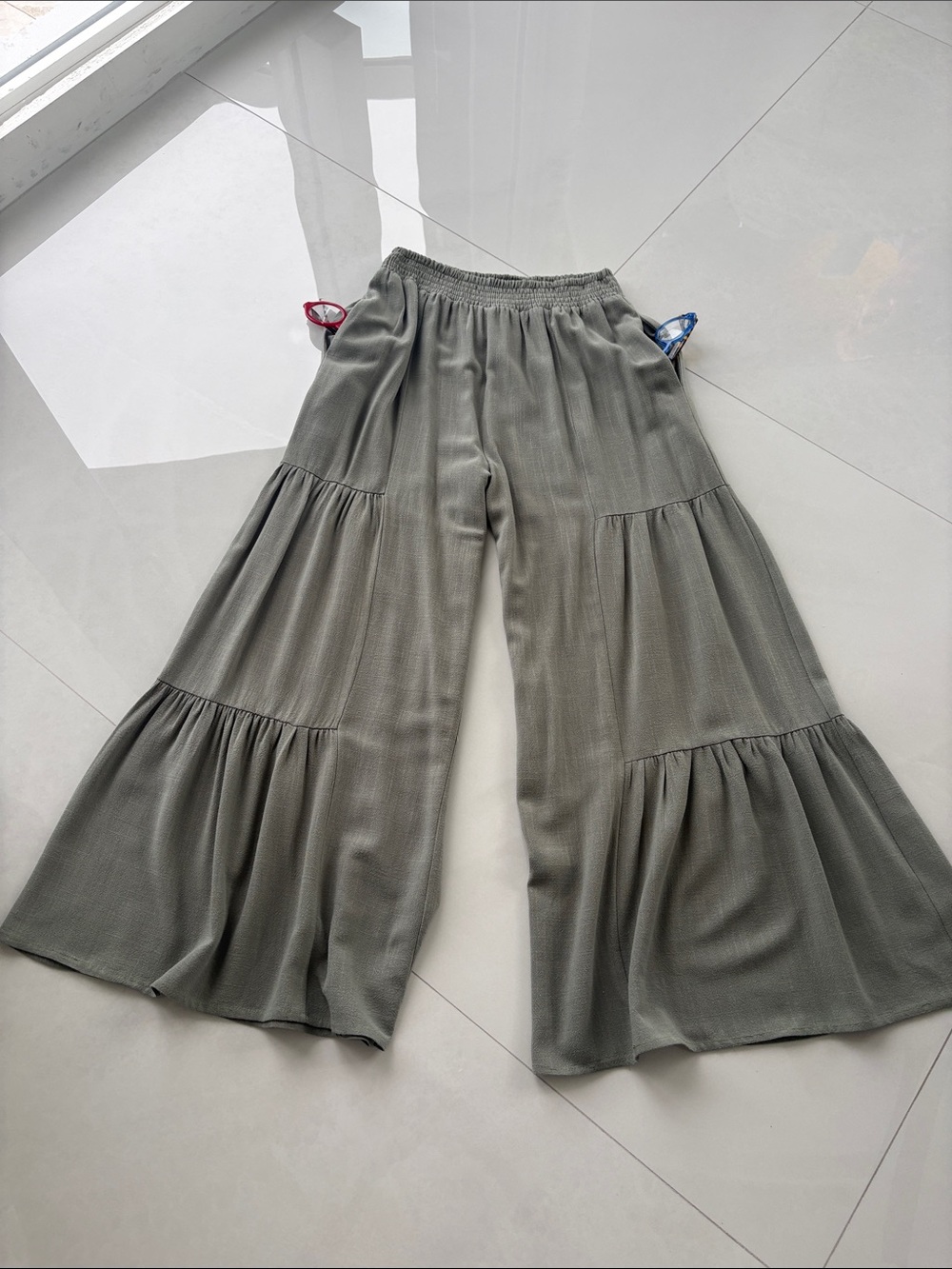 Wide-Leg Tiered Palazzo Pants in Sage Green